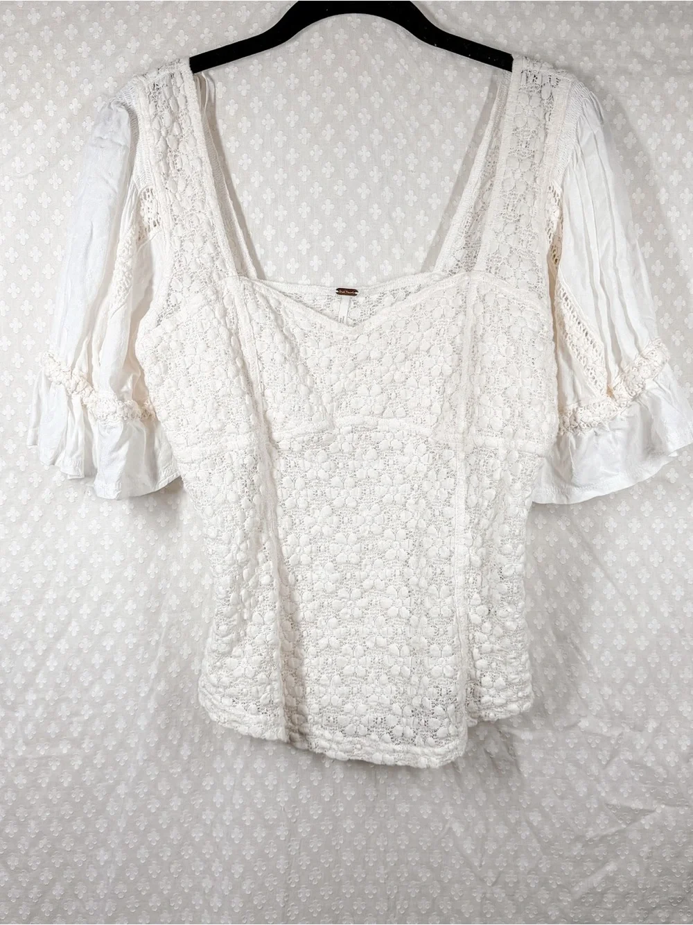 Free People Cream Spring Fling Lace Puff Sleeve Top